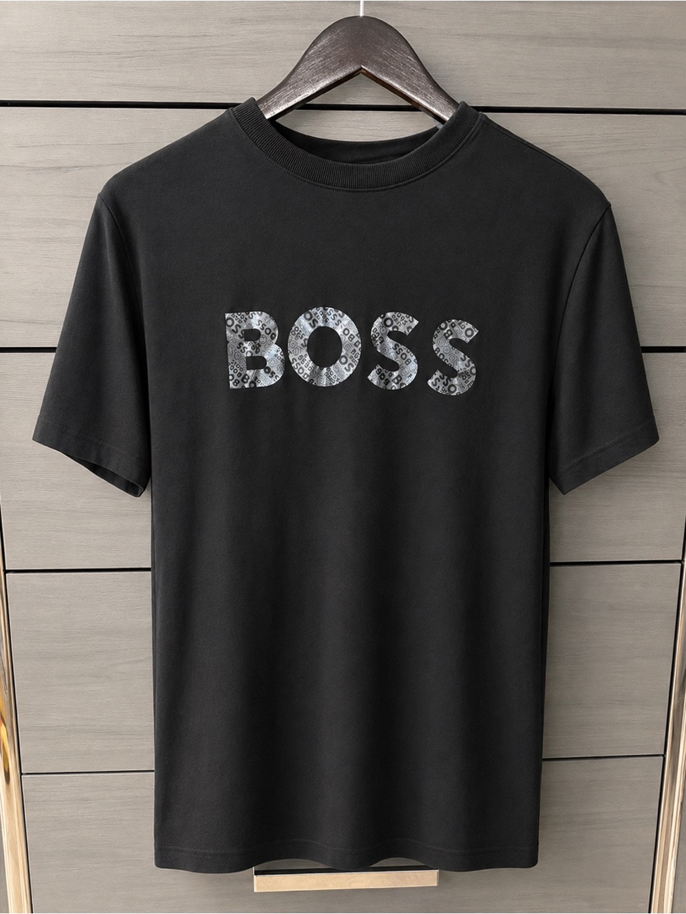 Boss Black T-Shirt with Silver Patterned Logo